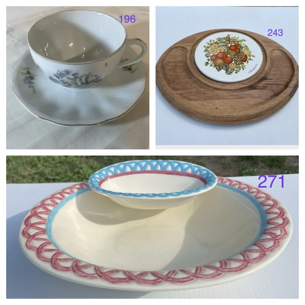 Vintage Serving Bundle Chip Dip Set Tea Cup Saucer Wood Trivet Kitchen Decor